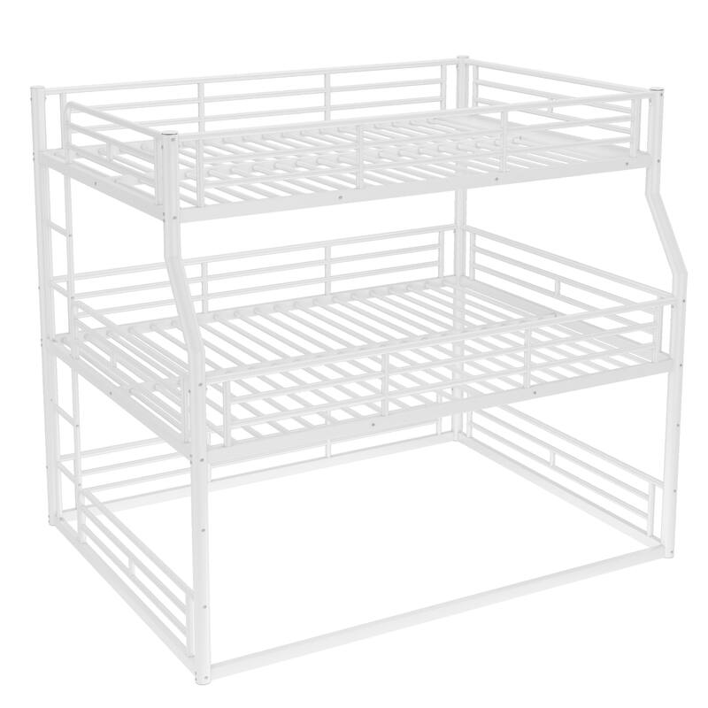 Full XL over Queen over Queen Bunk Bed, Metal Triple Bunk Bed with Safety Guardrails, Bunk Bed with Noise-reduced Design