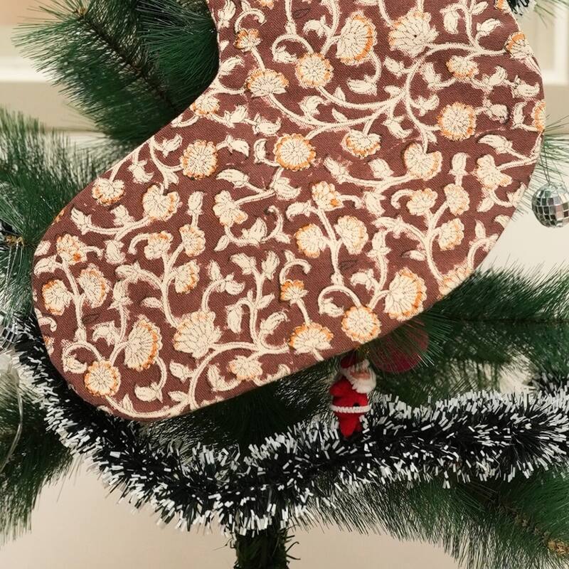 Fabdivine Handmade Floral Christmas Stockings Linen Block Print Décor - 10"X4.5" - Himachal-Light Brown, Yellow - Christmas Stockings