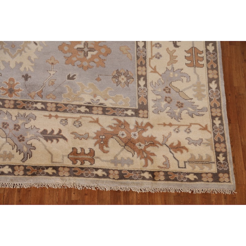 Gray Oushak Indian Large Rug Hand-Knotted Floral Wool Carpet - 9'10" x 13'8"