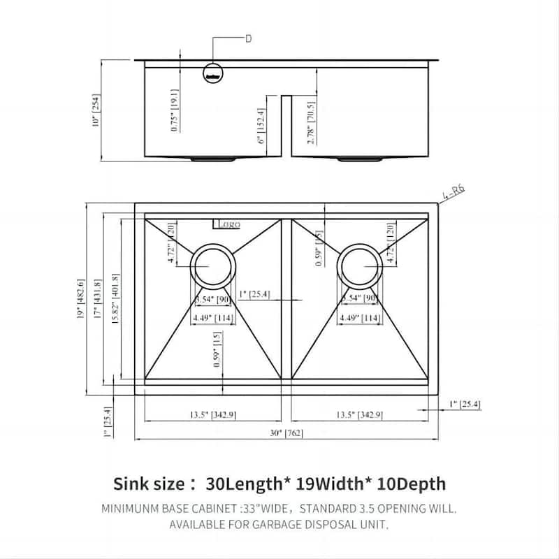 30 in 33 in Double Bowl (50/50) Undermount Kitchen Sink, 10" Deep Basin