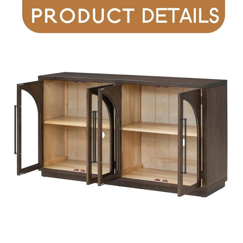 4-Door Large Storage Sideboard Buffet Cabinet with Glass Doors, Arched Cabinet with Adjustable Shelves for Kitchen