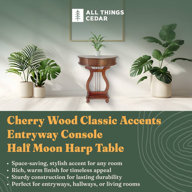 All Things Cedar Wood Half Moon Harp Accent Storage Drawer Console Table, Cherry - 26