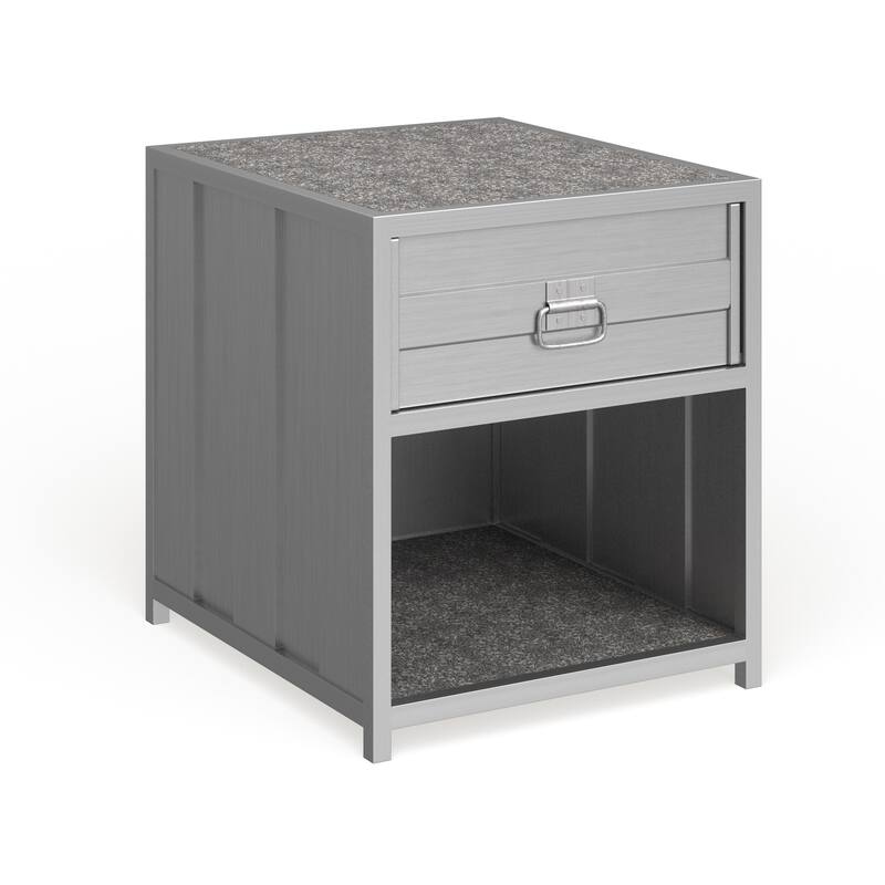 Woolf Industrial Silver Metal 1-Drawer Nightstand with USB Ports by Carbon Loft - Hand Brushed Silver