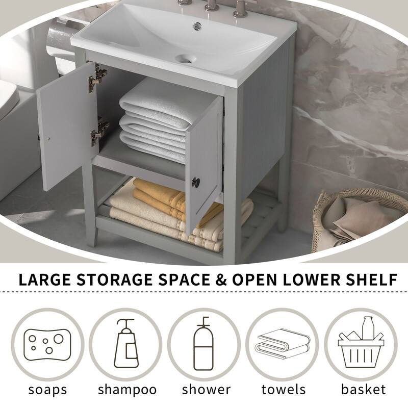 24" Modern Bathroom Vanity with Ceramic Sink and Open Style Shelf