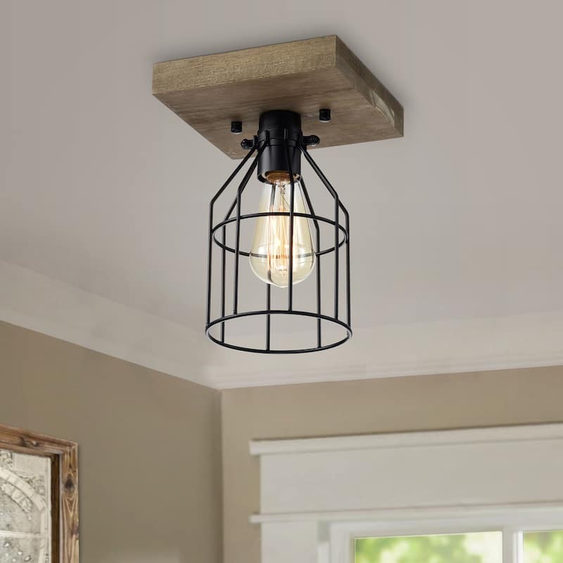 1-Light Wood and Metal Cage Flush Mount