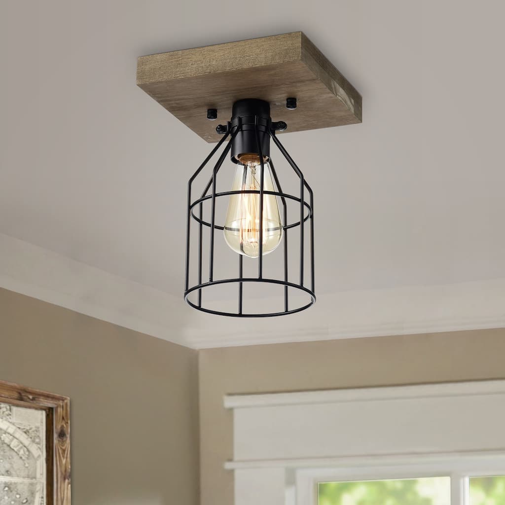1-Light Wood and Metal Cage Flush Mount