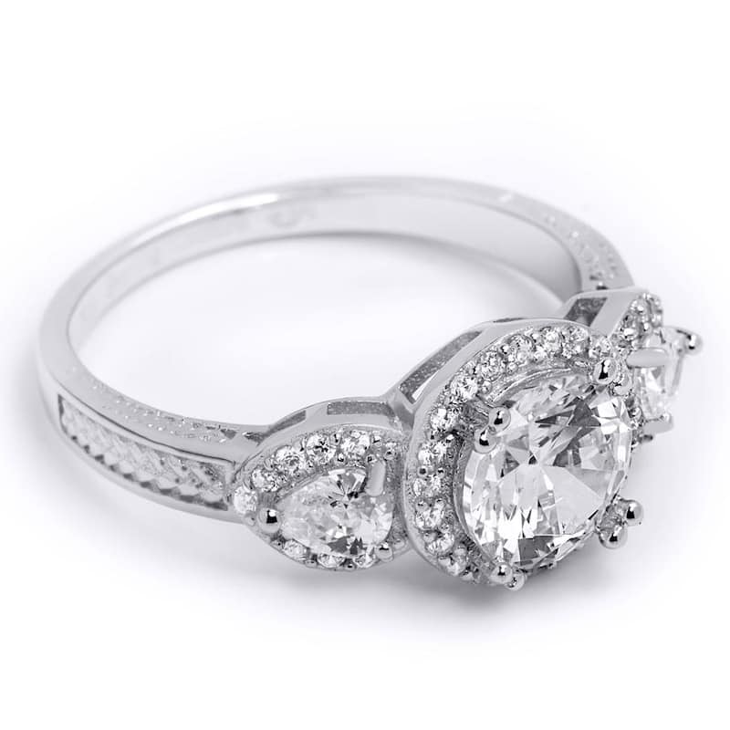 Sterling Silver 2.00 CT 3 Stone Halo Bridal Ring Round Cut Size 5-9