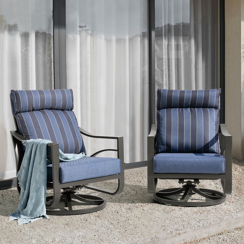2-Piece Swivel Rocking Sofa Chairs with 5.2” Thick Cushions, Powder-Coated Aluminum Frame with High-Back Design - Dark Blue Stripe