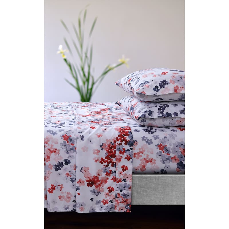 Azores Home Floral Printed Deep Pocket Sheet Set with Oversized Flat - Queen - Juliette Red