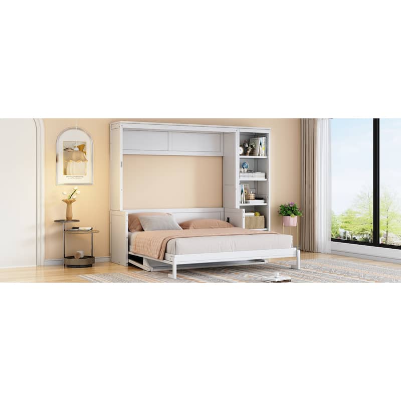 Space-Saving Queen Murphy Bed with Built-In Desk and Bookshelf in White