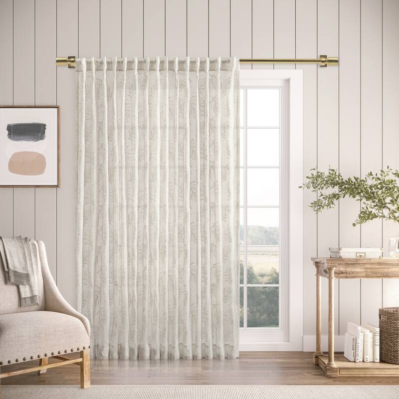 Gorgeous Sheer Leaf Embroidered Rod Pocket W Back Tab Patio Panel - 104"W x 108"L - White