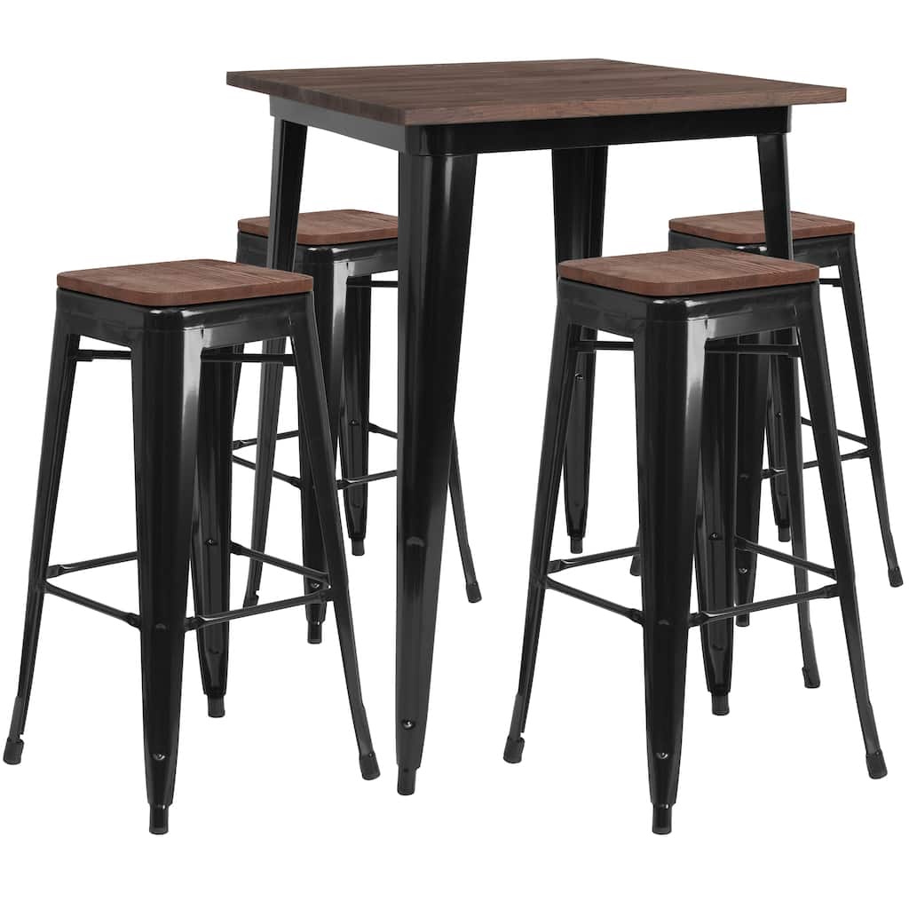 31.5" Square Metal Bar Table Set with Wood Top and 4 Backless Stools