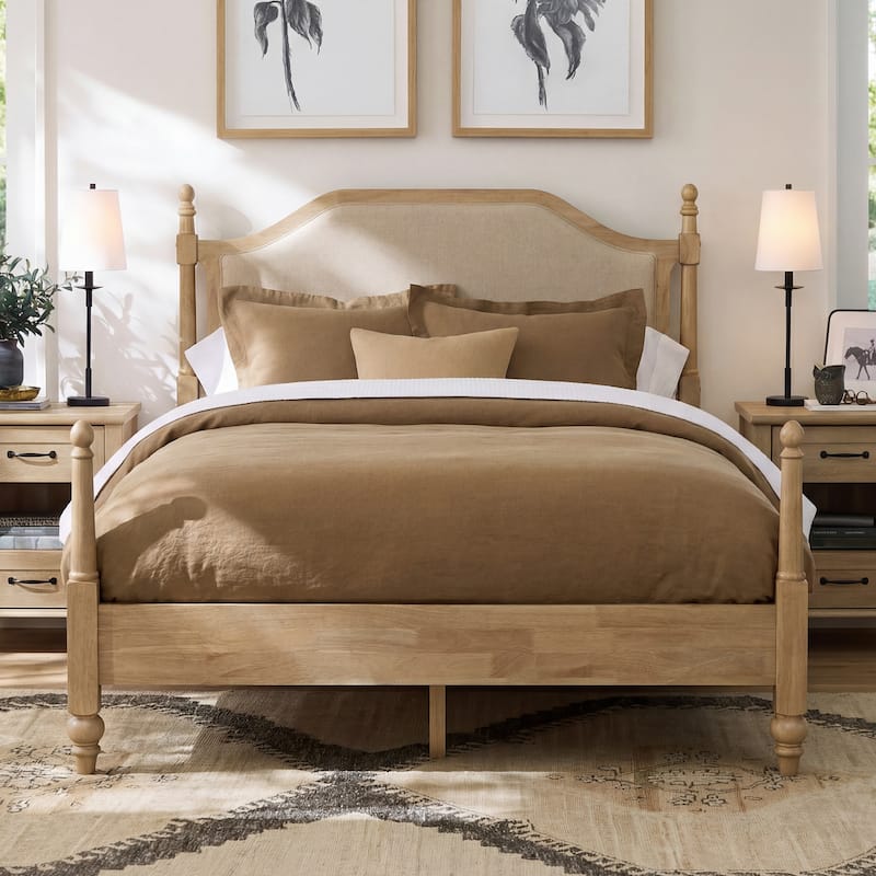 Queen Size Bed Frame With Headboard, Wooden Slat Support, Oak