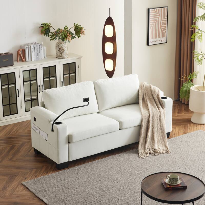 Pull-Out Queen Sofa Bed 73.63" with Memory Foam Mattress, Cup Holders, USB Ports, and Storage Pockets for Small Spaces