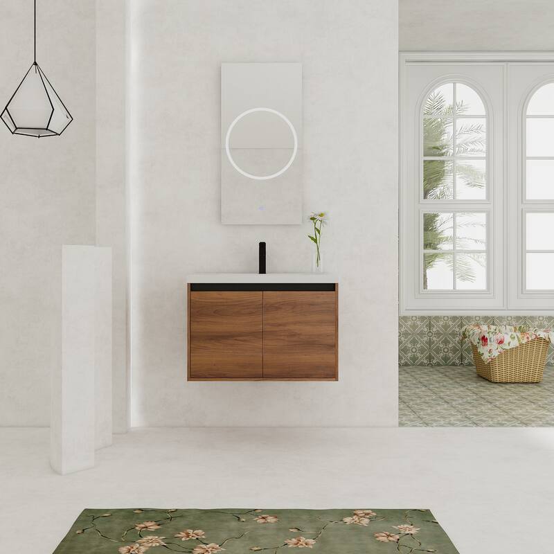GDFStudio - Levistar Modern Wall-Mounted Bathroom Vanity Set with Scratch-Resistant Resin Sink & Soft Close Doors