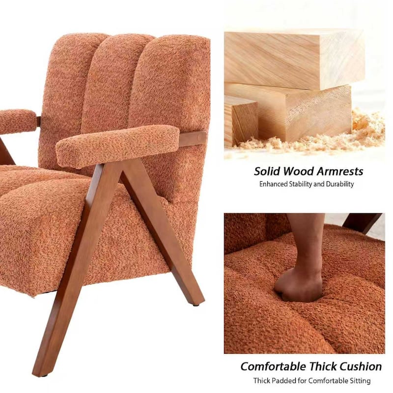 Mid Century Modern Accent Chair, Chenille Armchair with Solid Wood Legs, Channel Tufted Comfy Reading Chair for Living Room