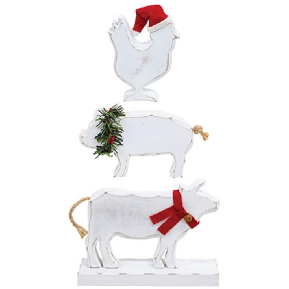 Rustic Distressed White Wooden Farm Animal Stackers Set of 3 with Cow, Pig, and Chicken - 6” high x 7.5” wide x 2.25