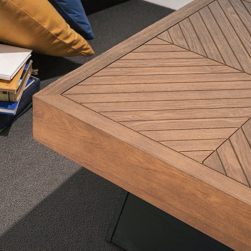 Modern Square Coffee Table 31.5 Inch, Brown Wood Grain Top with Black Base, Mid-Century Farmhouse Center Table