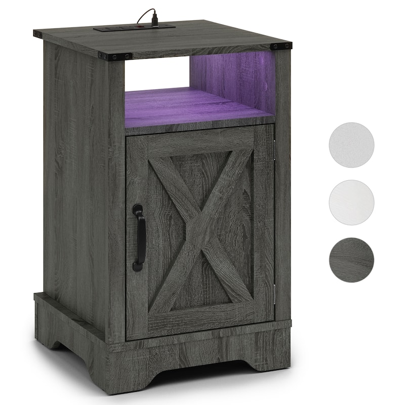 Farmhouse Nightstand With LED Lights and Charging Station