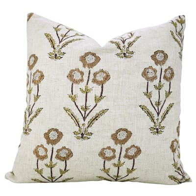 Fabdivine Cushioncase Handmade Block Print Floral 18x18 Pillow Cover Boho Farmhouse Fall Brown Viscose Linen, Amitabh