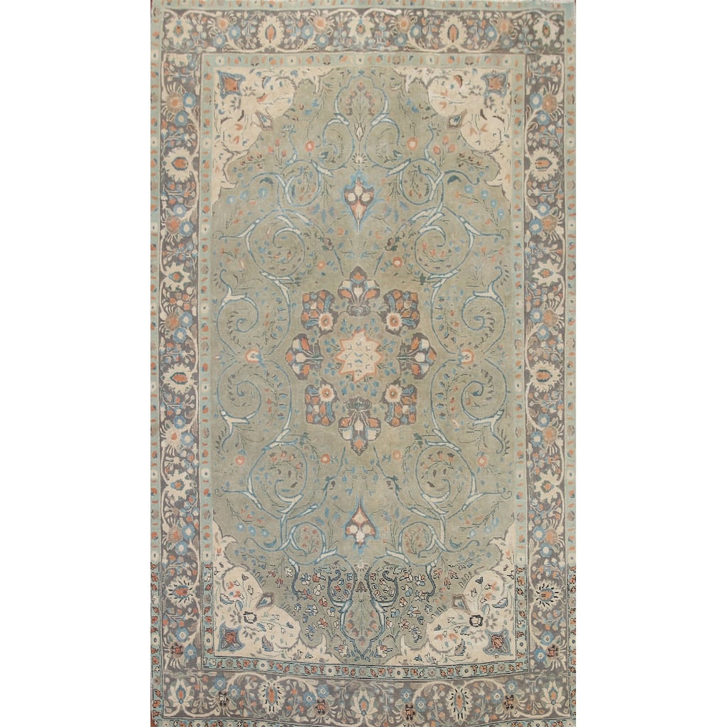 Hand Knotted Oriental 100% Wool Carpet Traditional Floral Green Tabriz Area Rug - 9' 5'' X 6' 2''