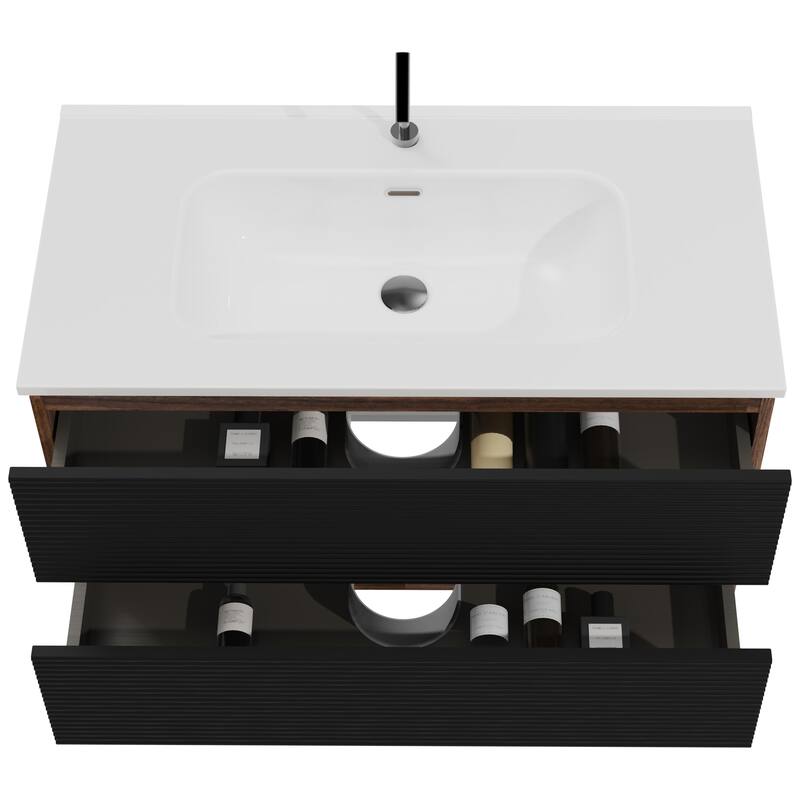 GDFStudio - Gloria Modern Wall-Mounted Floating Bathroom Vanity with Integrated Ceramic Basin & Soft-Close Drawers