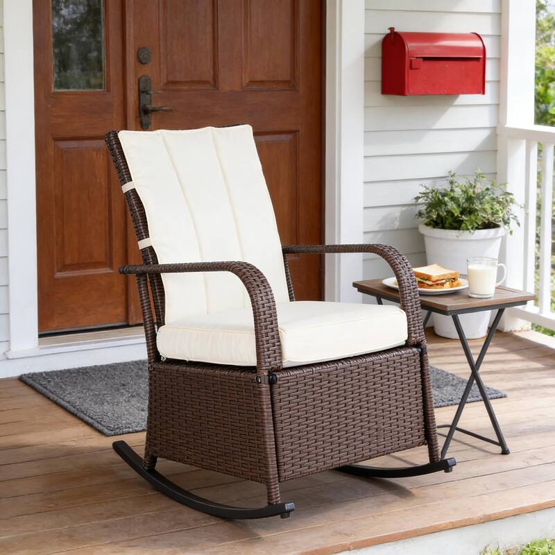 GDFStudio - Oliver Outdoor Rocking Rattan Recliner Designed for Deep Relaxation - Brown,White - Rocking Chair