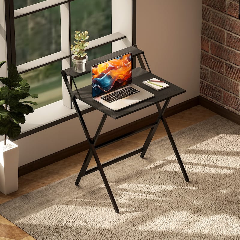 Folding Desk with Monitor Shelf Compact Space Saving Workstation for Home Office