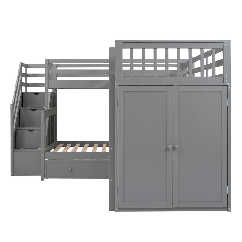 L-Shaped Bunk Bed with Storage Stairs, Fold Desk, Wardrobe, Twin - Twin Over Full Bed with Pull-out Underneath Storage Drawers