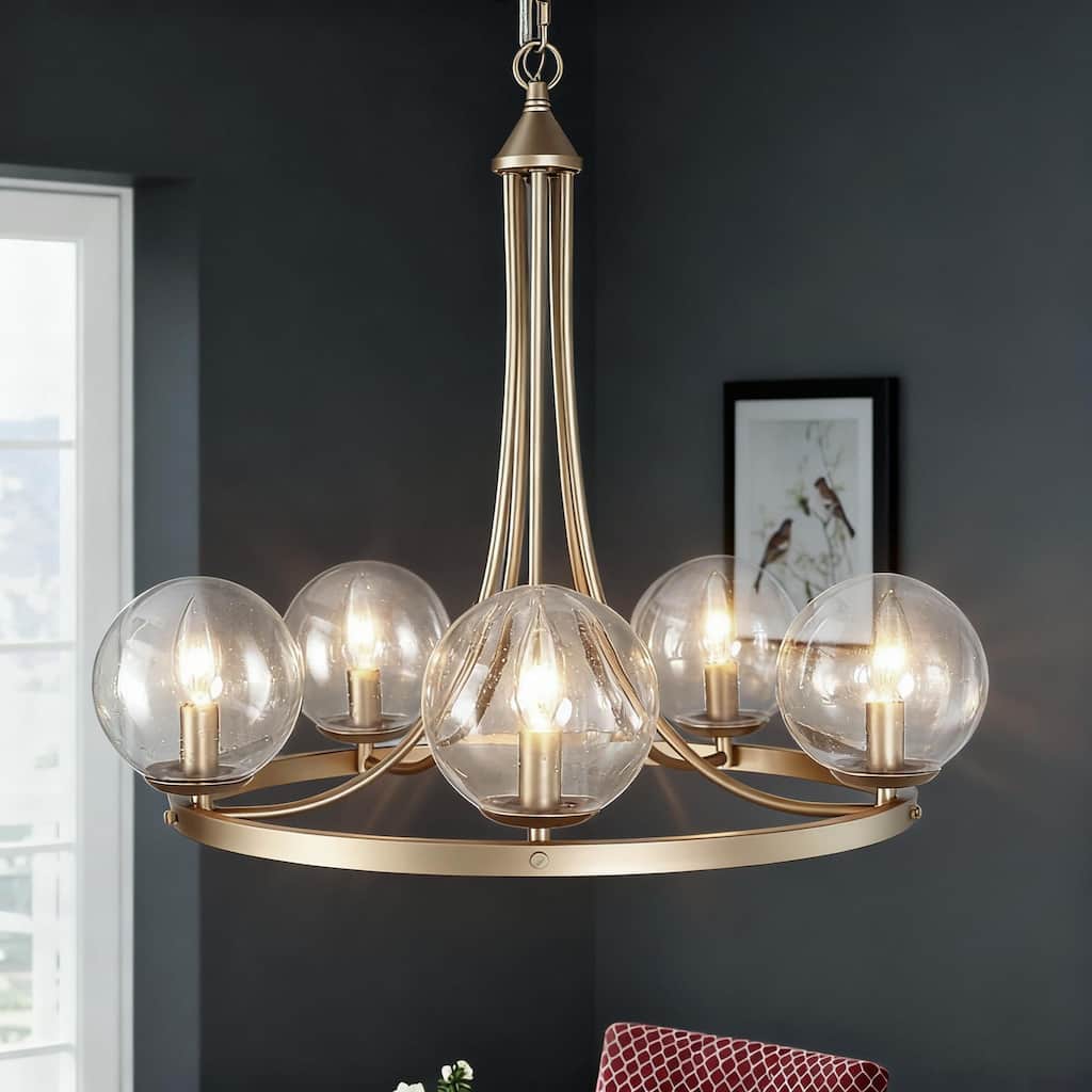 Mid-century Modern 5-Light Wagon Wheel Dining Room Chandelier Globe Seeded Glass Kitchen Island - 24" D x 21"H