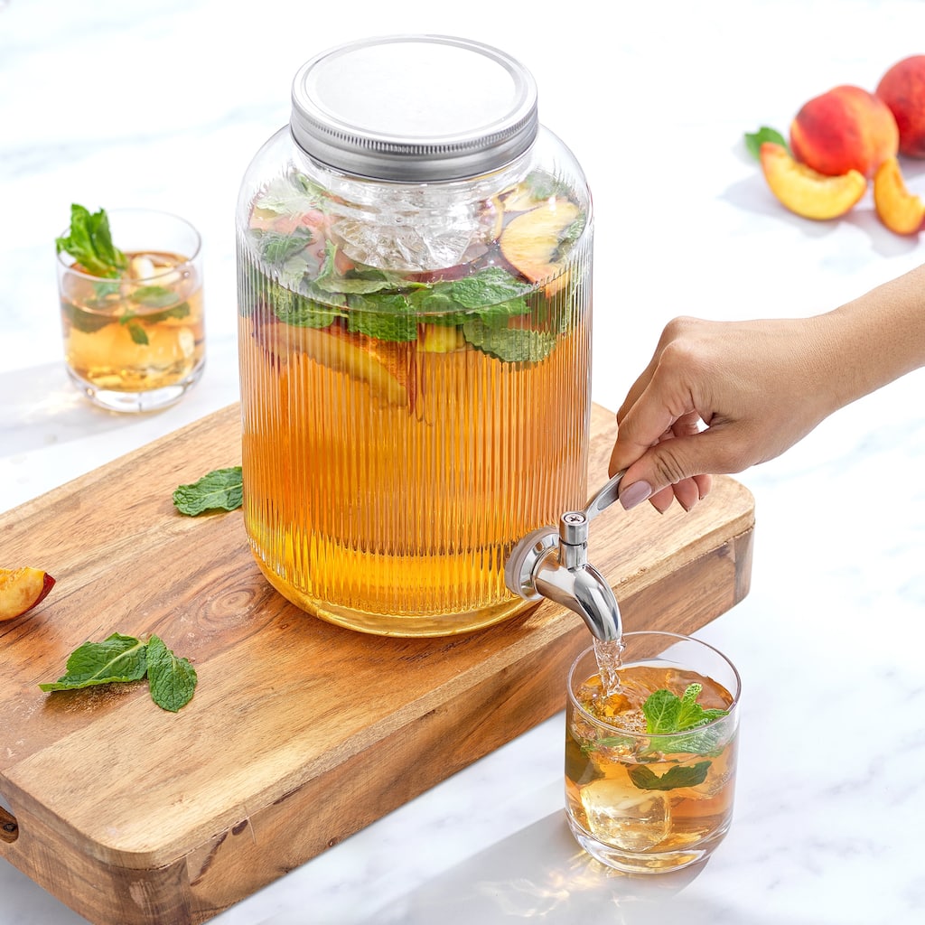 Glass Fluted Drink Dispenser with Spigot, Ice Infuser, & Fruit Infuser - 1 Gallon - 1 Gallon