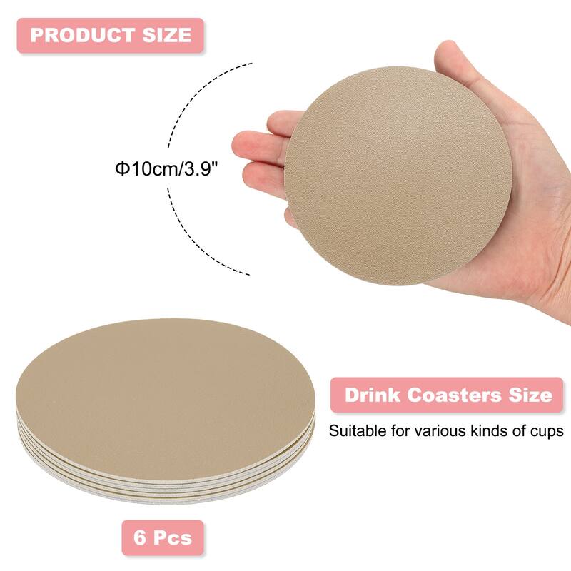 6Pcs 4"×4" Round Drink Coasters, PVC Dual Sided Dual Color - Gray & Khaki