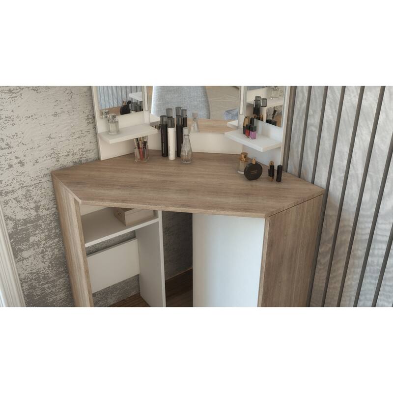 Pearl Corner Storage Makeup Vanity with LED Lights