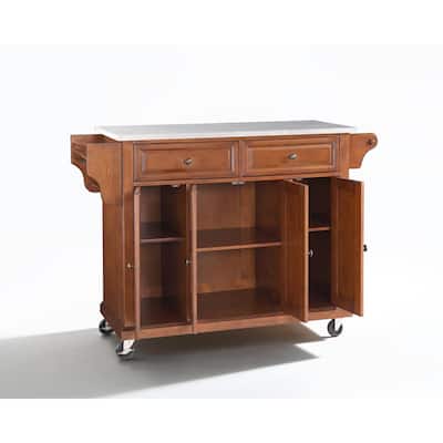 Full Size Kitchen Cart with Stainless Steel Top - Mobile Island with Tiered Shelf & Storage