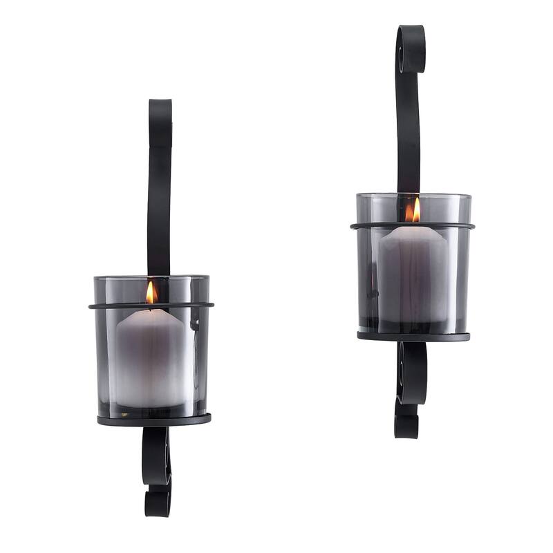 Smoked Glass Wall Sconce Candle Holders - 14.5" - Black - Set of 2