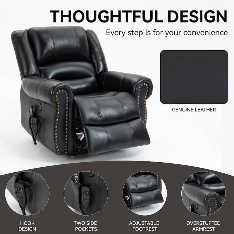 Genuine Leather Electric Lift Recliner with Dual Motors, 8-Point Massage, Heating, USB Charging, and Infinite Recline