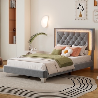 Twin Size Upholstered Bed Frame with LED Lights, Modern Velvet Platform Bed with Tufted Headboard, Grey