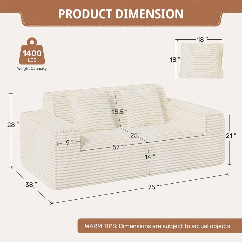 75" Modern Loveseat Sofa, No Assembly Required Comfy Deep Seat Couches 1 pcs for Living Room, Bedroom, Apartment