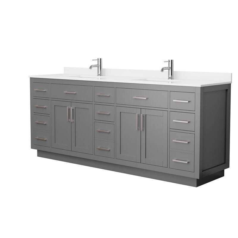 Beckett TK 84-inch Double Vanity, Single Hole Quartz Top - Dark Gray, Nickel Trim, White Quartz Top