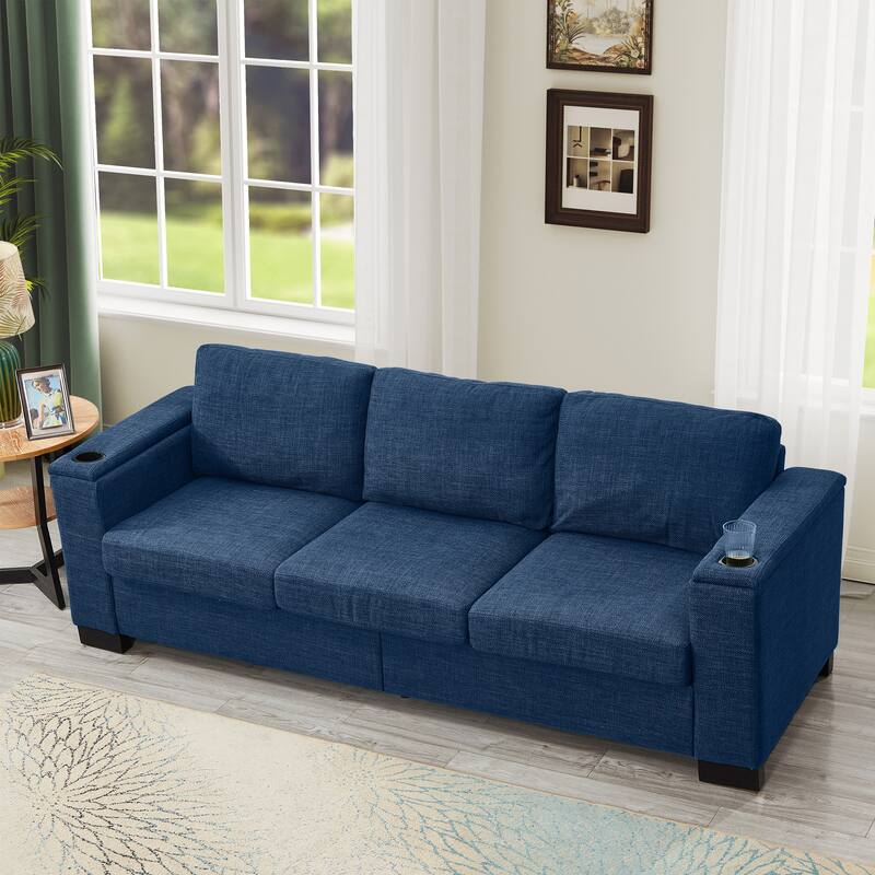 Fabric Upholstered 3 Seater Sofa, Lounge Sofa with Square Arm, Oversized Deep Seat Sofa with Storage & Cup Holders - Blue