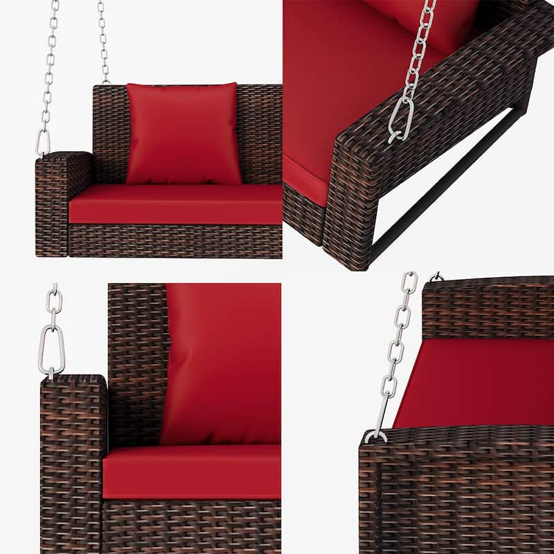 Outdoor Patio 2-Seat Wicker Porch Swing w/ Steel Chain, Cushions - 50"L x 22.4"W x 20.5"H