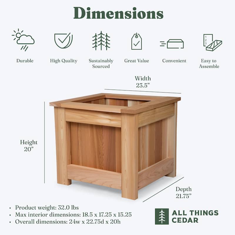 All Things Cedar 2 Foot Cedar Box Planter, Elevated Outdoor Garden Bed, Natural - 32