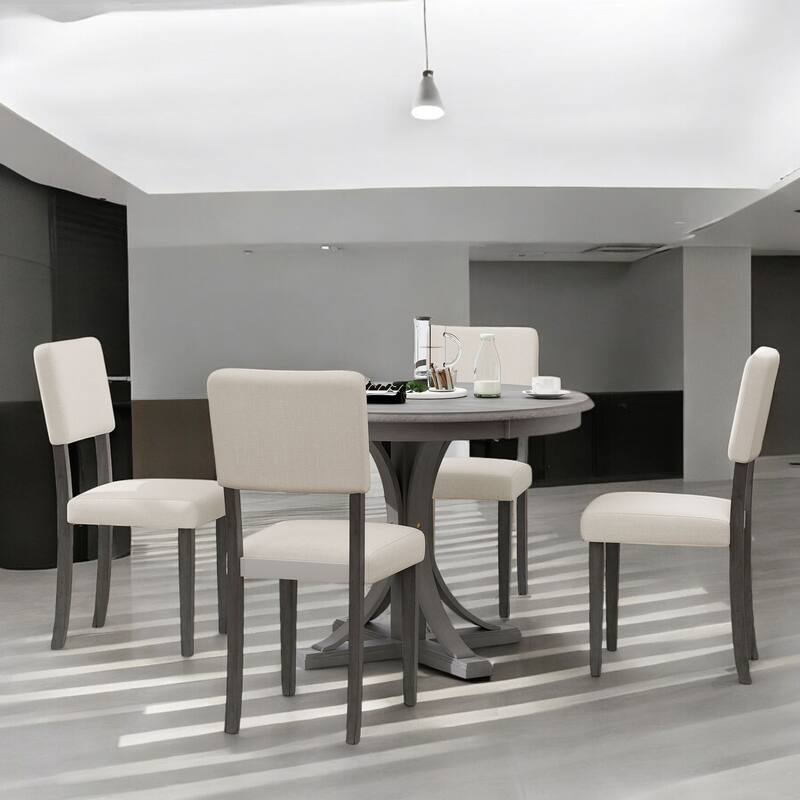 5-Piece Retro Round Dining Table Set with Upholstered Chairs - Solid Wood, Curved Legs for Dining Room and Kitchen