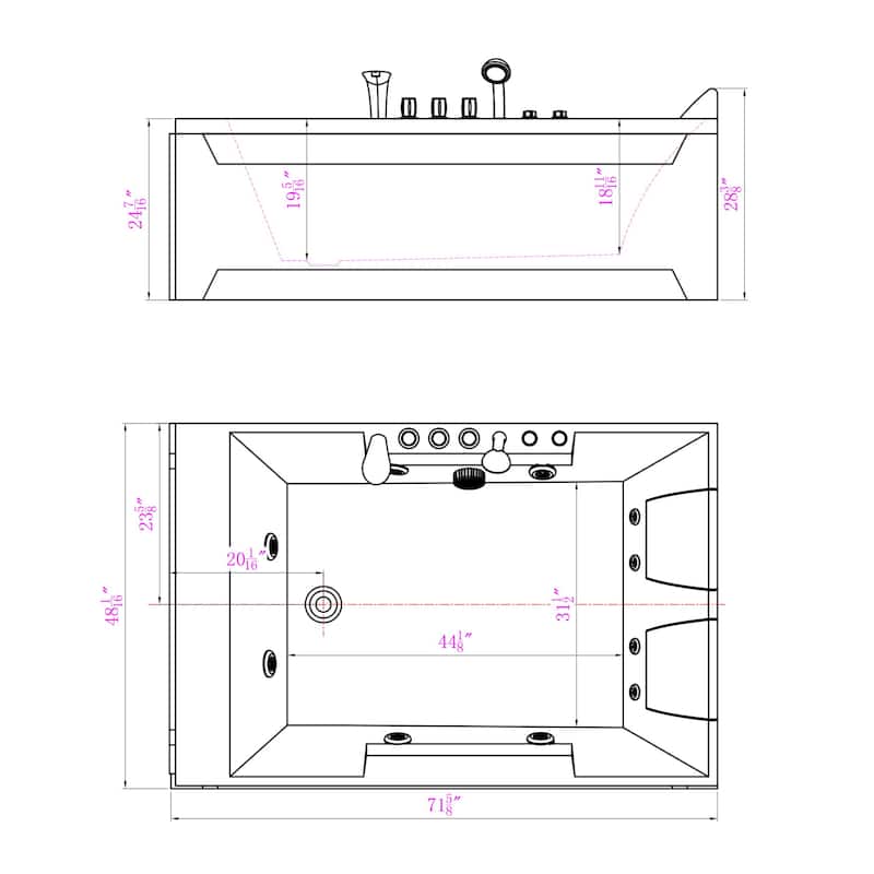 72" X 48" Acrylic Rectangle Whirlpool Bathtub - 10 Water Jets - Led Lights - Left Side Drain - 3-Side Alcove Install