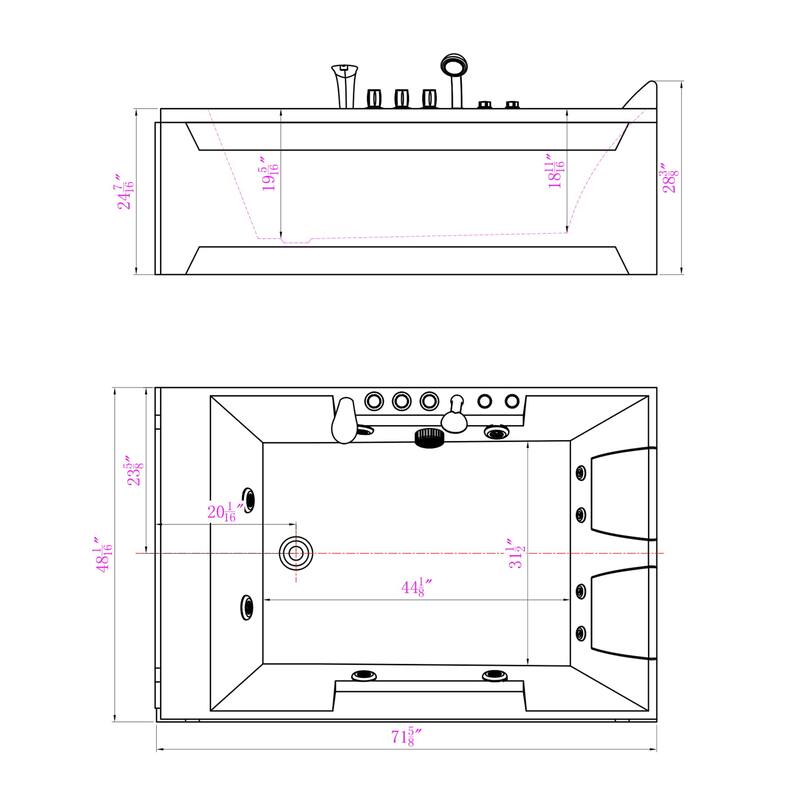 72 in. x 48 in. Left Drain Alcove Whirlpool Bathtub Lighted Rectangular Hydrotherapy Jetted Soaking Bath Tub in White