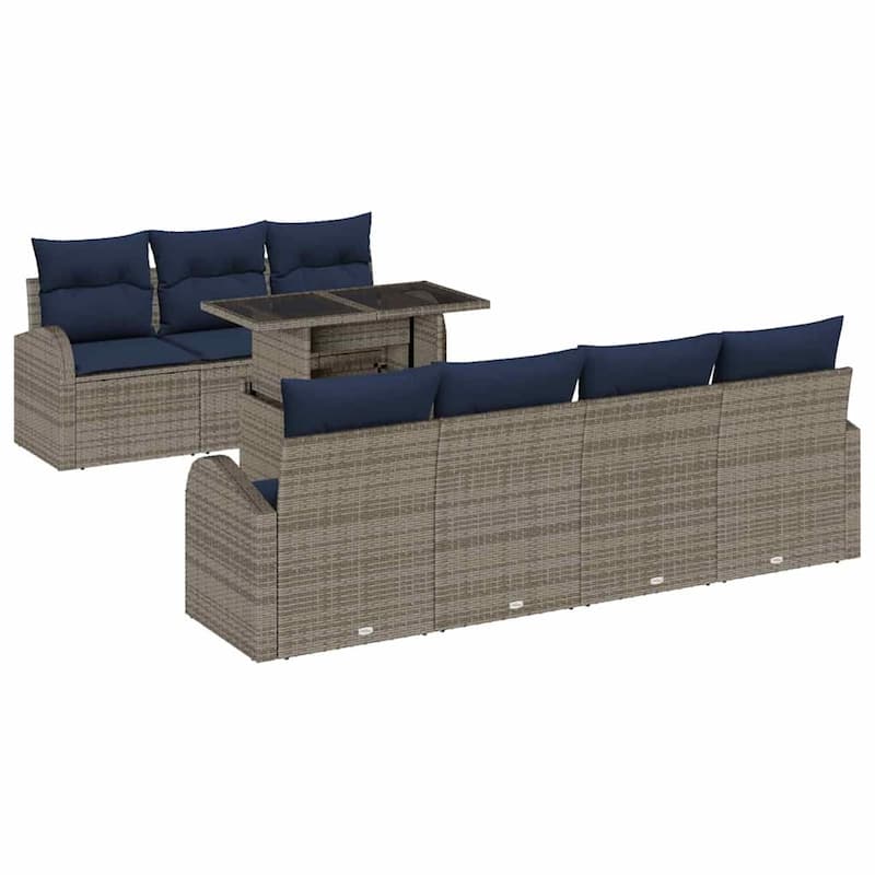 vidaXL 8 Garden Sofa Set with Cushions Black/Brown/Grey Poly Rattan - 92.1 x 24.4 x 27.2