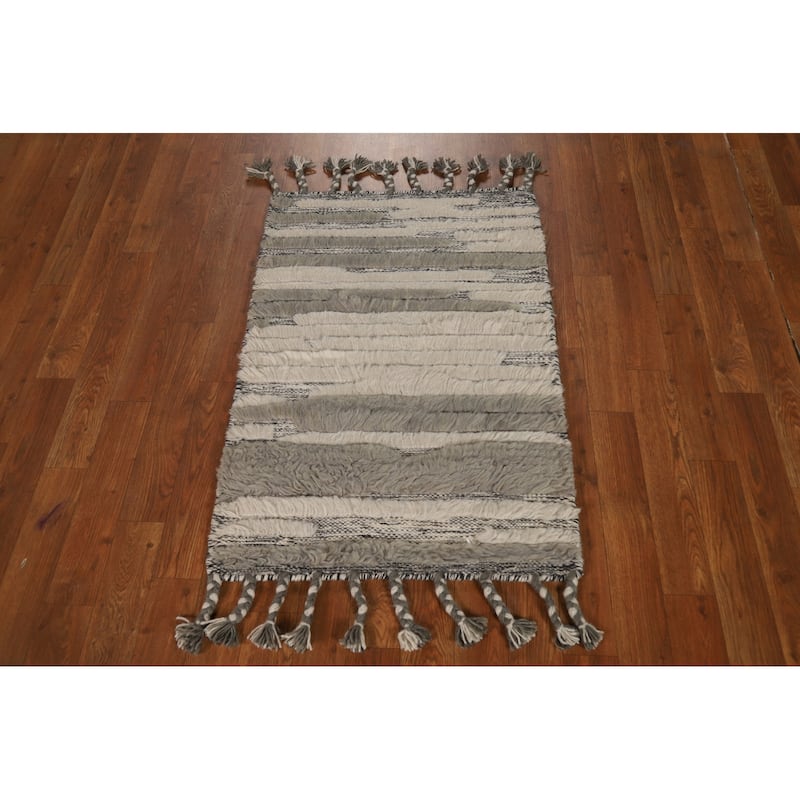 All-Over Striped Moroccan Indian Foyer Rug Hand-Knotted Wool Carpet - 2'0"x 3'0"