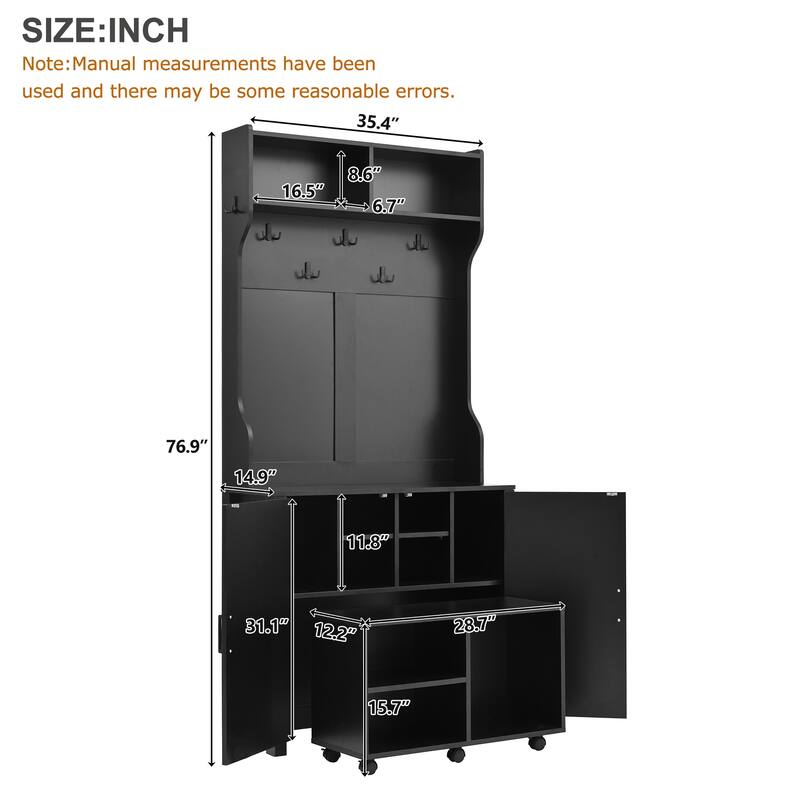 Farmhouse 4-in-1 Hall Tree with Barn Doors, Movable Bench with 7 Hanging Hooks and Shoe Storage Cabinet