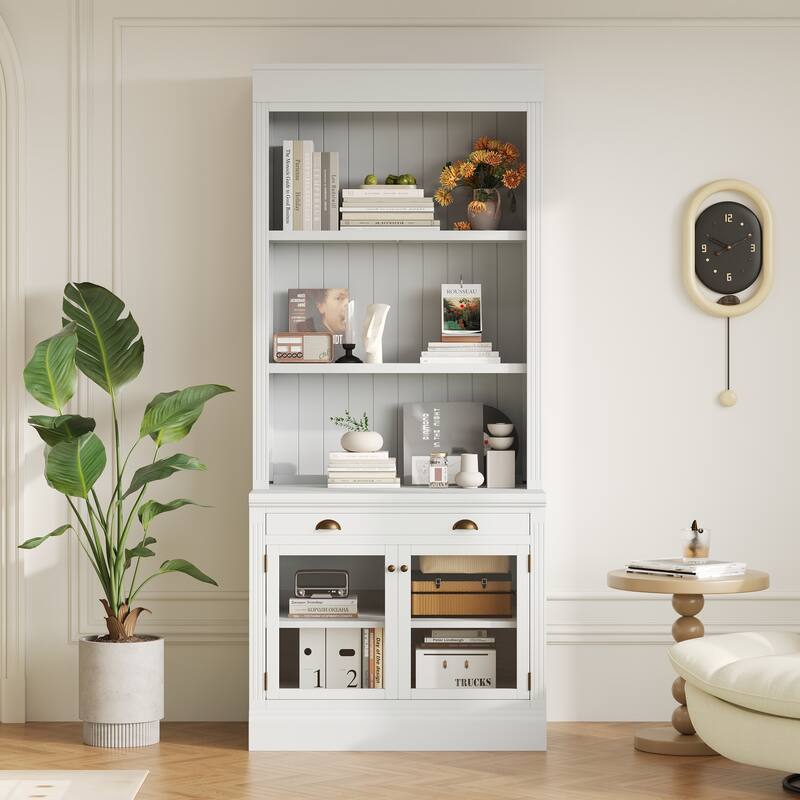 5-Tier Bookshelf with Storage Cabinet, 83" Tall Modern Bookcase with Glass Doors, Open Shelves, Floor Wooden Display Book Shelf