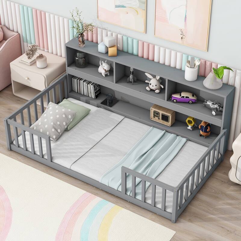 Floor Bed with Bedside Bookcase,Shelves,Guardrails - Grey